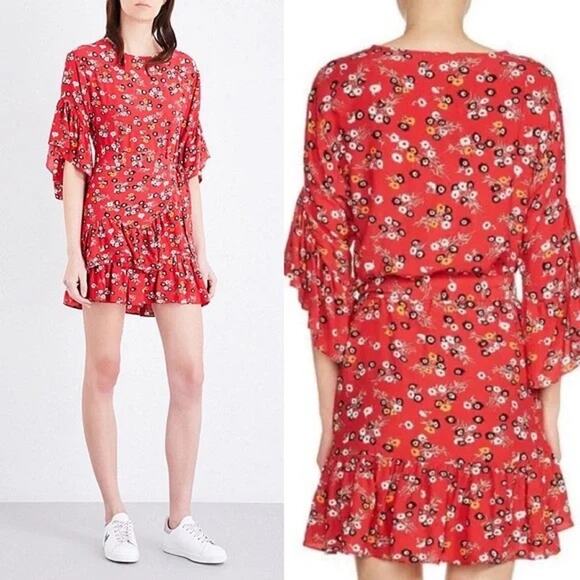 Maje Rahimi Floral Short Sleeve Ruffle Wrap Mini Dress Red Size 1 - Picture 1 of 9